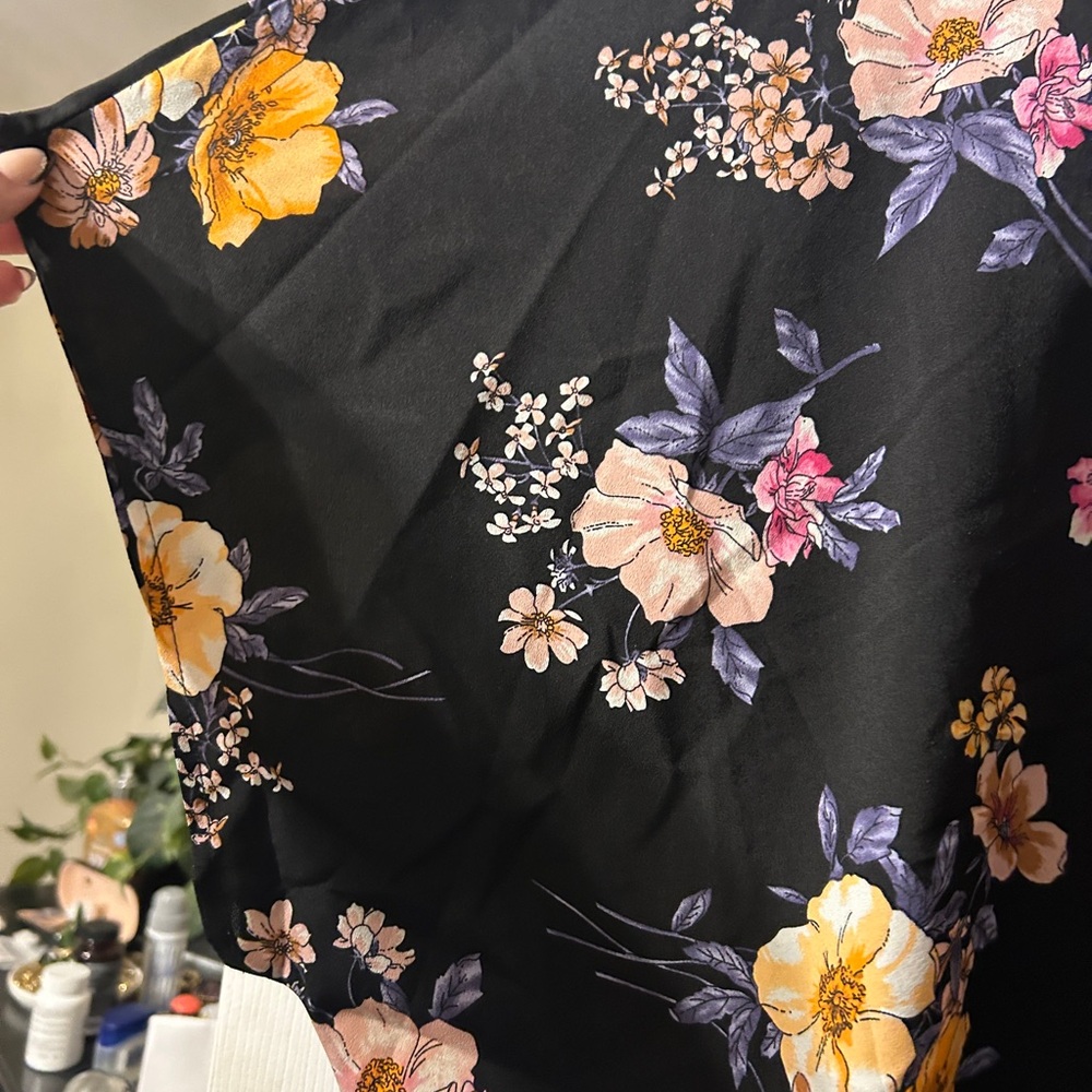 SHEIN Black Floral Short-Sleeve Blouse with Yellow & Pink Flowers - Picture 3 of 5